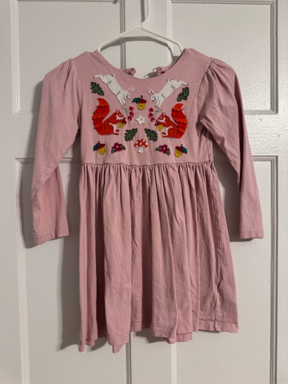 Mini Boden Pink Long-Sleeve Dress with Woodland Embroidery